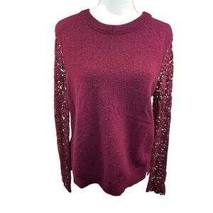 Tory Burch Maroon Dina Merino Wool Lace Sleeves Crew Neck Sweater L Peplum Back